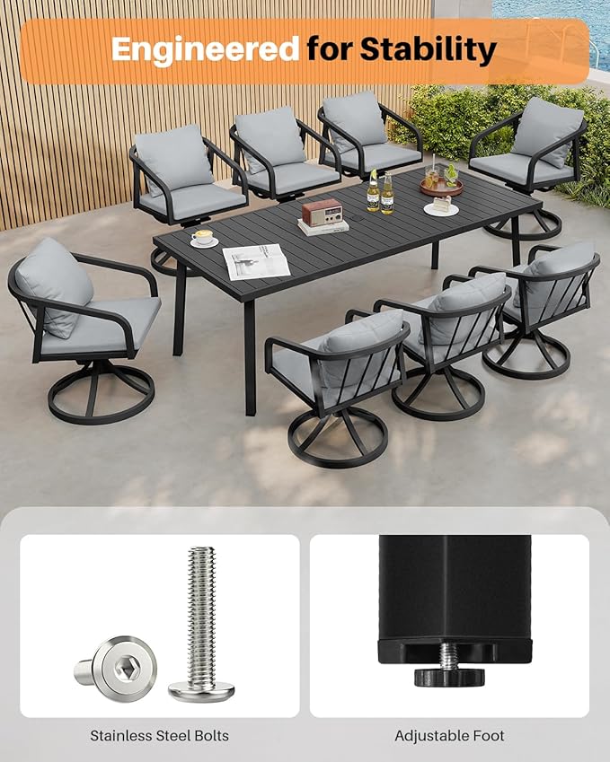 9-Piece Outdoor Dining Set with 8 Swivel Chairs, Never-Rust Aluminum Patio Dining Set, Patio Swivel Dining Set with Wraparound Seating, Outdoor Furniture Set for Backyard, Lawn, Deck, Black