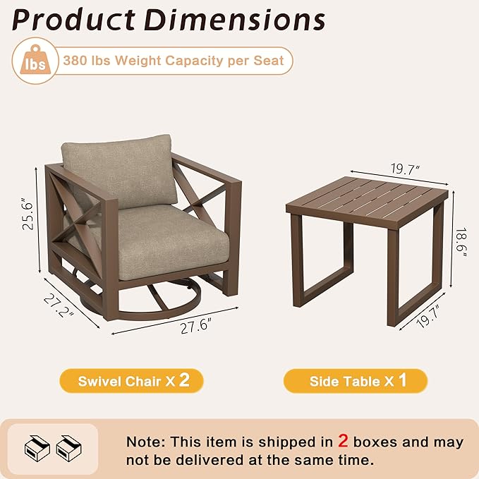 3-Piece Aluminum Outdoor Swivel Rocker Chair Set, 360° Swivel and Rocking Patio Chairs with 5.2-Inch Thick Cushions and Side Table, All-Weather Conversation Sofa for Backyard, Deck, Porch, Balcony