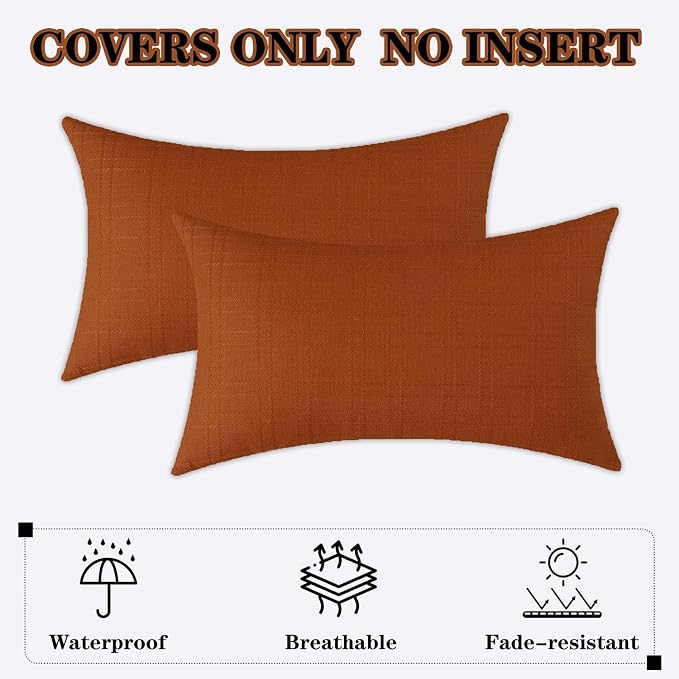 Kevin Textile Outdoor Waterproof 12”x24” Pillow Covers 2 Pack, Burnt Orange | Water Resistant, Soft Faux Linen-cotton Yarn-dyed Woven Texture Throw Pillow Covers for Tent Patio Garden Couch Sofa