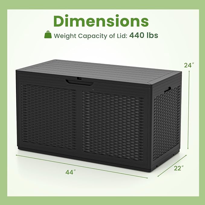 Giantex 100 Gallon Resin Outdoor Storage Box, Waterproof Deck Box w/Lockable Lid & Wheels, Rattan Storage Container Bench for Patio Cushions, Pool Accessories, Gardening Tools, 440 lbs (Black)