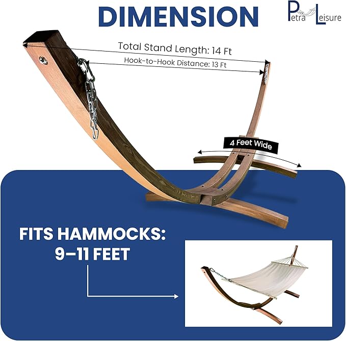 14 Ft. Water Treated Wooden Arc Hammock Stand + Premium Quilted, Double Padded Hammock Bed. 2 Person Bed.450 LB Capacity(Coffee Stain/Teal & Yellow Stripe)