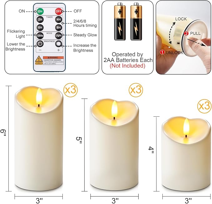Homemory 9Pack Outdoor Waterproof Flameless Candles, LED Candles, Battery Operated Candles with Remote and Timers, Electric Fake Plastic Pillar Candles, Ivory White, 3"x4"4" 4" 5" 5" 5" 6" 6" 6"