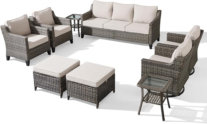 Outdoor Furniture Set of 9, Patio Furniture Set with 4 Wicker Swivel Rocker Chairs, 2 Ottomans, 2 Side Table and Sofa, High Back&Deep Seat for Garden Deck Porch Balcony Backyard - Beige