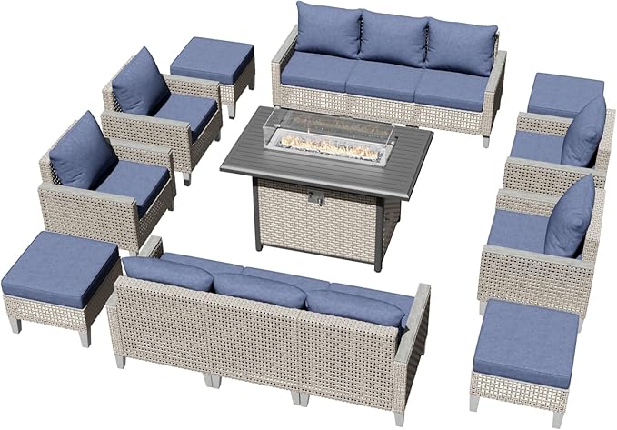 Outdoor Patio Furniture Set with Fire Pit Table 15-Piece Modular Wicker Sectional Sofa with Ottomans and Thick Cushions, Modern Rattan Outdoor Conversation Couch, Navy