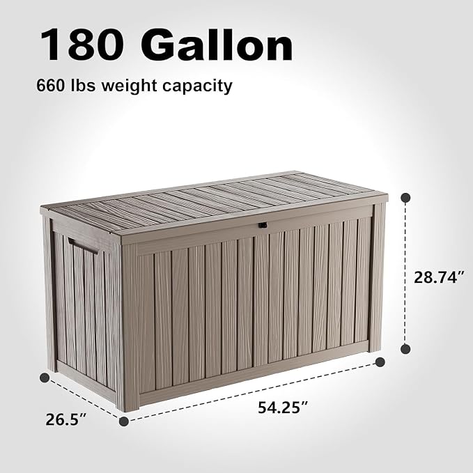 Vixzen 180 Gallon Deck Boxes Outdoor Waterproof, Resin Lockable Storage Box for Patio Cushions Storage Furniture, Garden Tools, Pool Supplies, Weatherproof and UV Resistant (Grey, 180 Gallon)