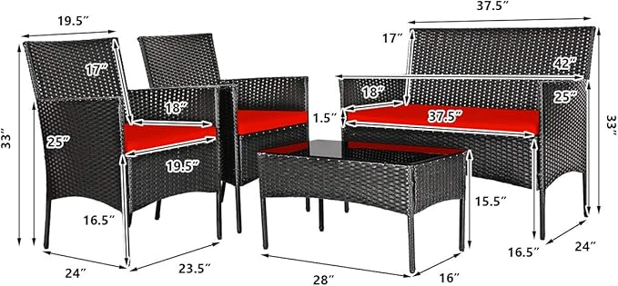 HAPPYGRILL 8 Piece Patio Furniture Set Rattan Wicker Conversation Set with Tempered Glass Top Table, Outdoor Wicker Sofa Set with Removable Cushions for Poolside Garden Backyard