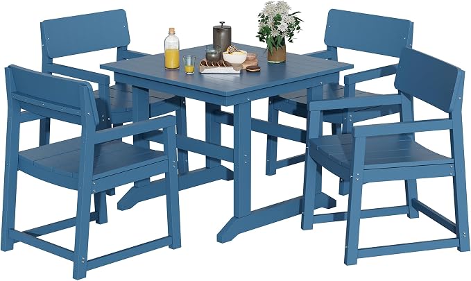 Vongrasig 5 Pieces Patio Dining Set, All Weather Outdoor HDPE Dining Furniture Set with Table and Chairs for 4, Garden Patio Furniture Set for Lawn, Backyard, Poolside, Blue