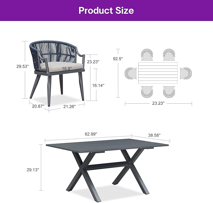 PURPLE LEAF Outdoor Dining Set for 6 with Waterproof Furniture Cover All Weather Patio Dining Set with Rectangular Aluminum Table and Wicker Dining Chairs for Garden Deck Backyard Kitchen, Grey