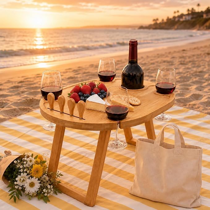 Wine Picnic Table with 4 Glass Holders, Small Portable Picnic Beachtable, Foldable Bamboo Outdoor Charcuterie Table, Low Picnic Snack Tray for Camping, Beach, Includes Cheese Knife Set & Tote Bag