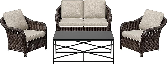 4 Pieces Outdoor Conversation Furniture Set, 55" Patio Couch,47" Metal Coffee Table, 2 Chairs, Rattan Wicker Sofa with Removable Cushions for Bistro, Deck (Beige)