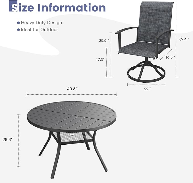 VICLLAX Outdoor Table and Chairs Set for 4, Patio Dining Set of 40.6" Metal Round Patio Table with Umbrella Hole & 4 Swivel Outdoor Dining Chairs for Backyard Lawn, Charcoal & Black