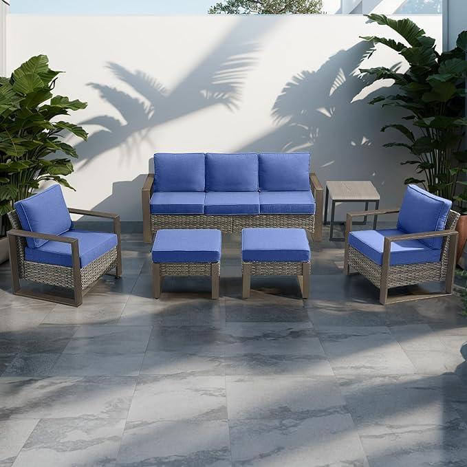 Outdoor Wicker Patio Furniture Set - 6 Piece Patio Conversation Set with 2 Wicker Armrest Chairs,2 Rattan Ottoman,1 Side Table and 1 Couch,Sturdy Frame,Thick Cushions,Deep Seating(Mixed Grey/Blue)