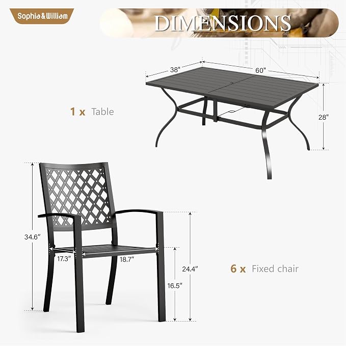 Sophia & William Patio Dining Set Metal Outdoor Table and Chairs Furniture Set 7 Piece, Large 60.2" Dining Table with Umbrella Hole and 6 Backyard Garden Chairs Support 300LBS for Deck, Lawn, Garden