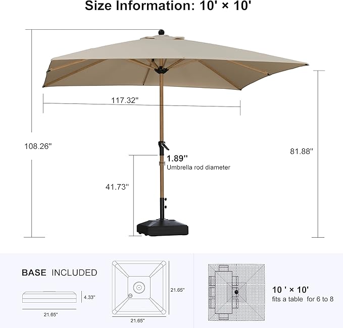 PURPLE LEAF 10' x 10' Square Patio Umbrella with Base Outdoor Umbrella Market Umbrella with Crank & 8 Ribs Aluminum Outdoor Table Umbrella for Pool Deck Backyard, Beige