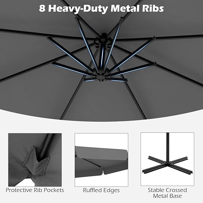 Tangkula 10FT Offset Hanging Umbrella with Cover, Patio Cantilever Umbrella w/ Easy Tilt Adjustment, Crank, Ruffled Edge, 8 Ribs, Sun-Protective Canopy, Heavy-Duty Outdoor Parasol for Pool Garden Deck (Gray)