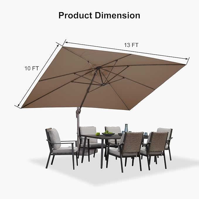 PURPLE LEAF 10' X 13' Patio Cantilever Umbrella Rectangle Umbrella Outdoor with Aluminum Offset Antique Bronze Hanging and 360° Rotation for Pool Garden Deck Patio, Taupe