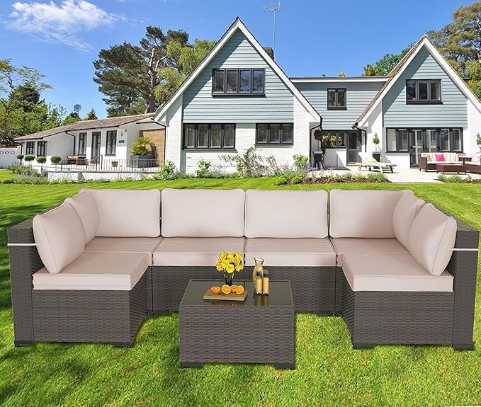 ALAULM 7 Pieces Patio Furniture Set Wicker Patio Conversation Set, Outdoor Sectional Furniture w/Coffee Table & Washable Seat Cushions-Sand
