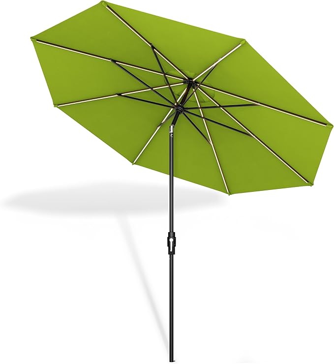 Midtown Umbrellas The LED Swilt 10 Feet Patio Umbrella With Terylast Pear (Green) Polyester Fabric - Auto-Tilt Aluminum Frame With LED Lights For Backyard, Deck, Garden, Pool - Black Pole