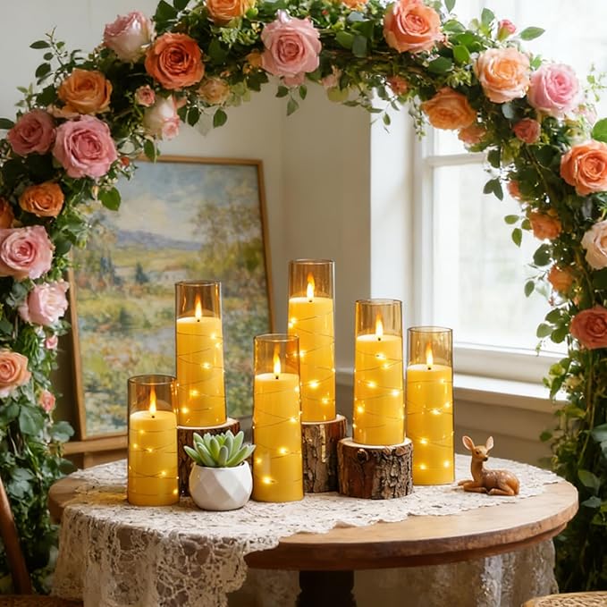Nimiko Flickering Flameless LED Candles,Battery Operated Candles 24 Pcs with Embedded Star String,Acrylic LED Pillar Candles with Remote,Suitable for Home Decoration to Create an Atmosphere (Gold)