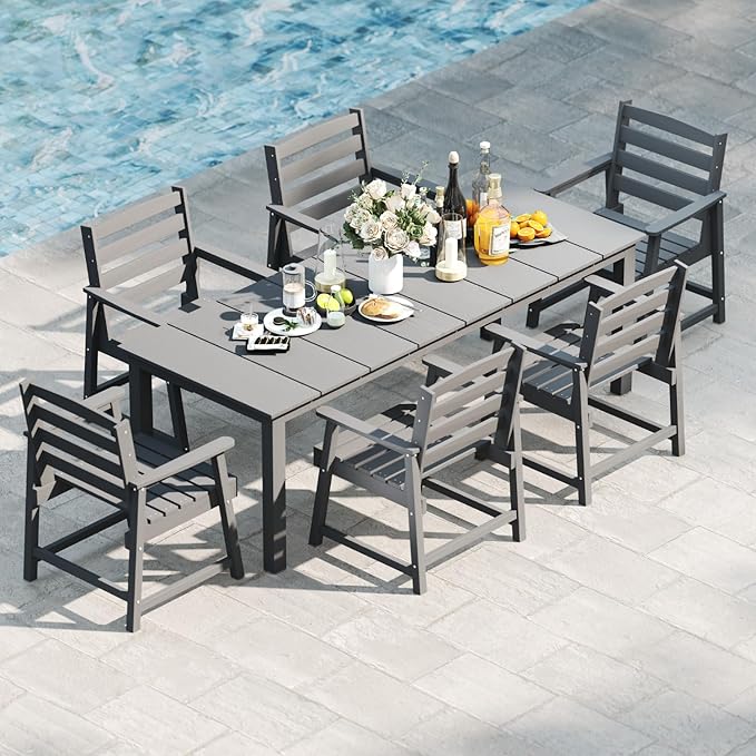 7-Piece Grey Outdoor Dining Set for 6, 75.2'' HDPE Table with Umbrella Hole & Chairs, Weather-Resistant Patio Furniture for Garden, Lawn, or Poolside