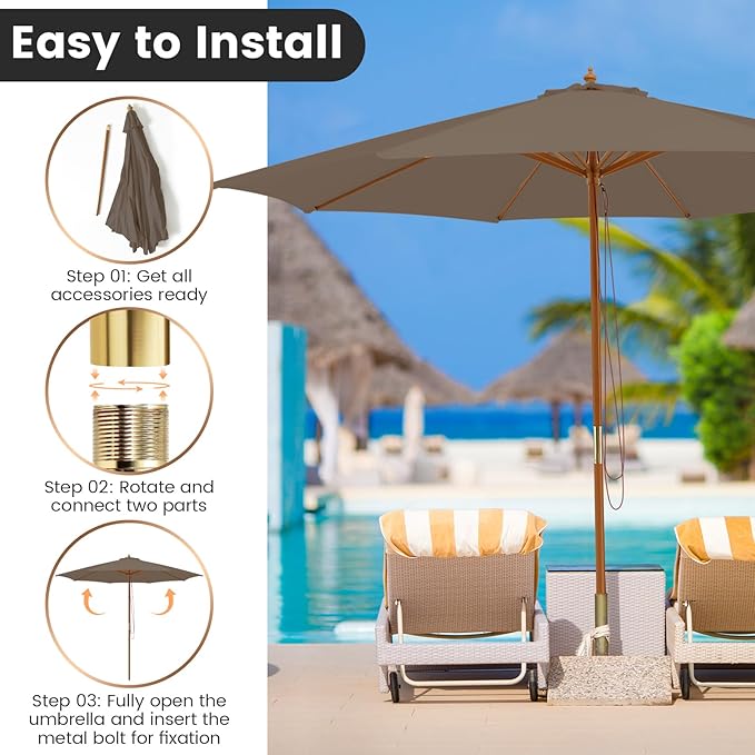 Tangkula 10FT Patio Umbrella, Outdoor Table Market Umbrella w/8 Wooden Ribs, 3 Adjustable Heights, Rope Pulley System, Detachable Pole, Wooden Patio Umbrella for Garden, Poolside, Backyard (Tan)
