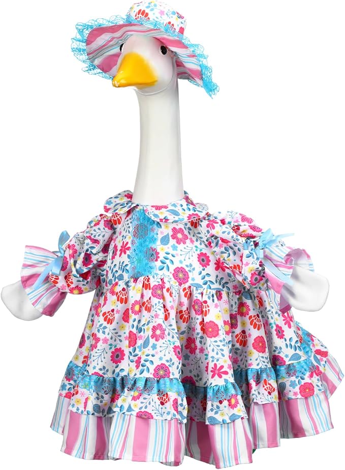 Soulchen 1 Set Summer Flower Porch Goose Outfit 23 Inch Wildflower Floral Cement Goose Clothes Dress and Hat Geese Costume Set for Summer Lawn Garden Yard Decor
