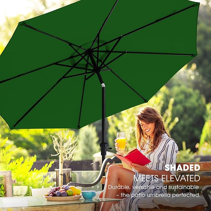 wikiwiki 9FT Patio Umbrella with Base, Outdoor Umbrellas with Base Included, 8 Sturdy Ribs, Waterproof Fade Resistant POLYESTER DTY Canopy for Deck, Lawn, Garden, Backyard & Pool, Dark Green