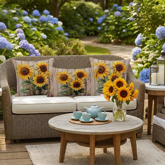 Pack of 2 Waterproof Outdoor Pillow Covers 16x16 Inch Decorative Pillow Covers Sunflowers Throw Pillowcases Farmhouse Wooden Grain Botanical Floral Outdoor Cushion Cover for Couch, Patio, Tent