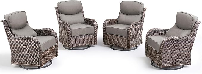 Luxury Outdoor Swivel Rocker Patio Chairs-4 Pieces High Back Swivel Rocker Patio Chairs with Thick Cushions All Weather Wicker Outdoor Furniture Set for Deck Porch Balcony(Brown/Grey)