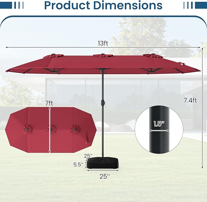 Tangkula 13FT Double-Sided Solar Patio Umbrella, Extra-Large Outdoor Twin Umbrella with 36 LED Lights, Vented Top, Crank Handle, 12 Ribs, Weighted Base Included for Backyard Poolside Deck (Wine)