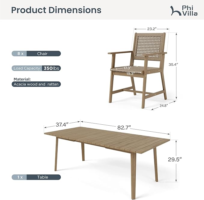 PHI VILLA 9 Pieces Acacia Wood Outdoor Dining Set for 8, Teak Rectangle Wooden Table & Chairs with Wicker Seat and Back, Farmhouse Patio Furniture Set for Deck, Yard, Porch - Light Brown