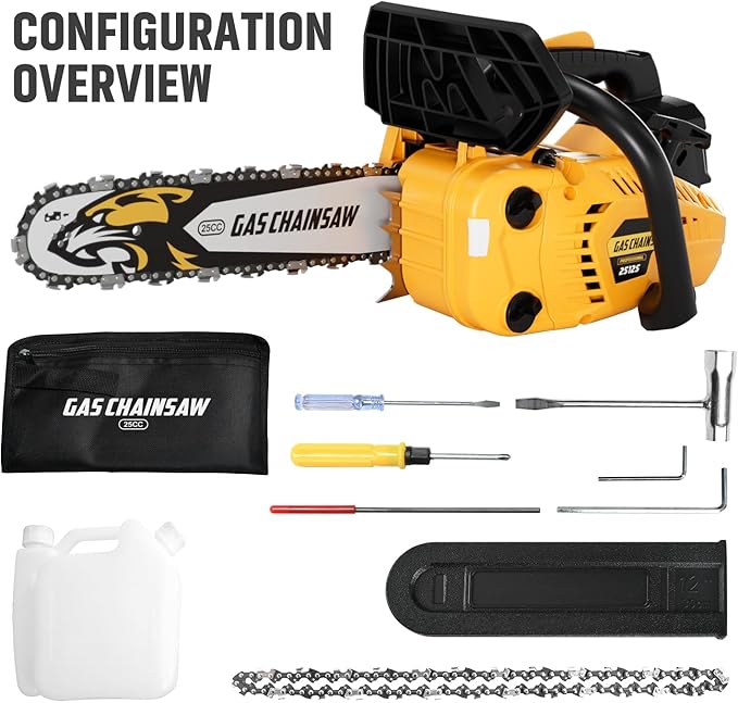 25CC Gas Chainsaw 2-Stroke Gasoline Top Handle Chainsaws 12-Inch Handheld Cordless Chain Saw with Kit for Cutting Forest Wood Garden Trimming Tools