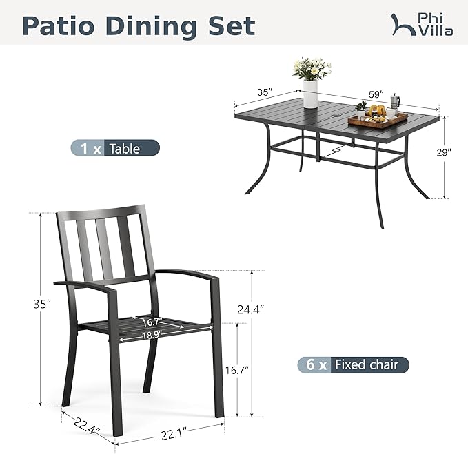 PHI VILLA 7 Piece Outdoor Dining Set for 6, 60” Rectangular Metal Steel Table with Umbrella Hole & Stacking Wrought Iron Chairs, Large Furniture Set for Patio, Deck, Yard - Black