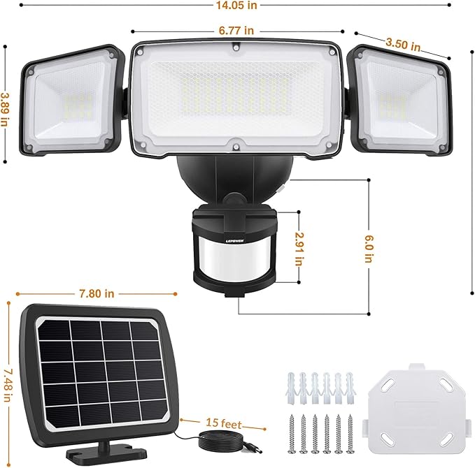 LEPOWER 1600LM LED Solar Security Lights Motion Outdoor, 5500K White Light, IP65 Waterproof Outdoor Flood Solar Light for Yard, Garage(Black)