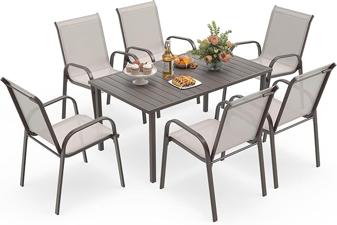 HAPPATIO Outdoor Patio Dining Set, 6 Quick Dry Textilene Dining Chairs and Dining Table with Umbrella Hole, Stackable Textilene Chairs for Garden, Patio and Poolside Backyard,Light Grey