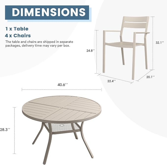 DIFY 5 Piece Outdoor Patio Dining Set for 4, 40.6" Round Dining Table with Umbrella Hole and Stackable Metal Chairs, Patio Table and Chairs Set for Backyard Garden Poolside, Sandshell