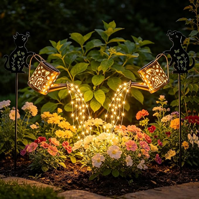 Watering Can Solar Lights for Outside, Watering Can with Cascading Lights Shepherd's Hook, Gardening Gifts for Women, Yard Decoration Outdoor and Garden Backyard