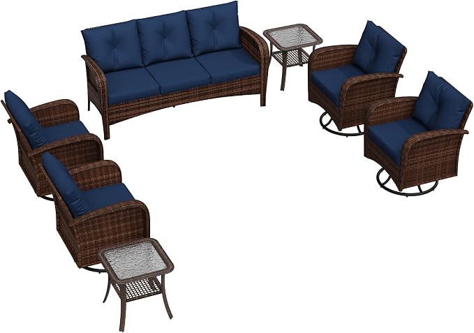 7 Pieces Patio Set, 73" PE Rattan Sofa, Coffee Table, Wicker Swivel Glider Chairs, Outdoor Conversation Furniture with Removble Cushion, Loveseat Couch for Porch, Sunroom (Navy Blue)