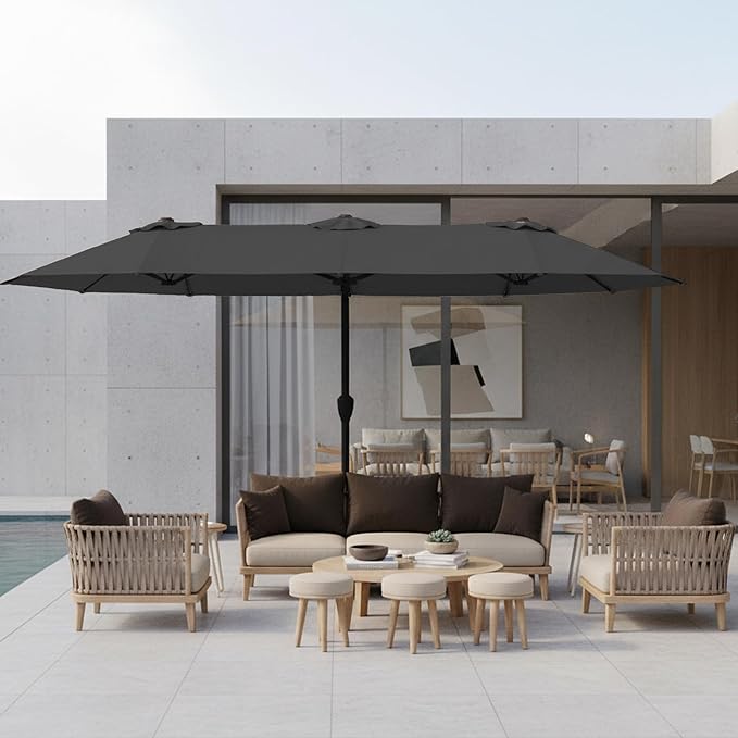 15FT Large Patio Umbrella with Base, Double Sided Rectangular Outdoor Umbrella with Sturdy Fiberglass Ribs, UPF 50+ Sun Protection, Wind-Resistant, Waterproof Fade-Resistant Fabric for Pool, Garden, Backyard, Deck(Gray)