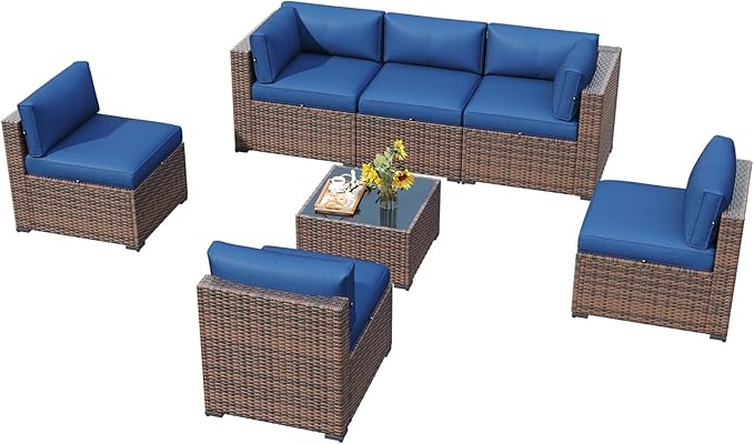 LazySunsets 7 Piece Outdoor Patio Furniture Set with Coffee Table, Outdoor Patio Furniture Sets with Waterproof Cover, Wicker Rattan Outdoor Conversation Set for Backyard & Garden, Blue
