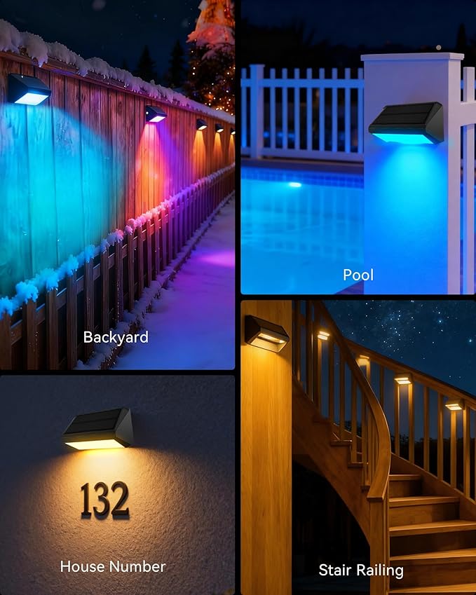 Solar Fence Lights Outdoor, 16 Pack Ultra-Bright 100 Lumens Fence Lights Solar Powered, IP65 Waterproof, 9 Color Modes, 12+ Hours Lighting Decor for Backyard/Patio/Deck/Wall/Pool