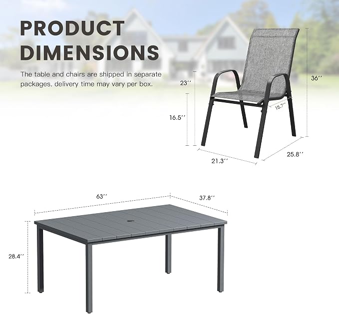7 Pieces Outdoor Dining Set, 63" Rectangular Table with Umbrella Hole & Stackable Patio Dining Chairs, Patio Table and Chairs Set for Deck Garden Porch, Grey Chairs & Dark Grey Table