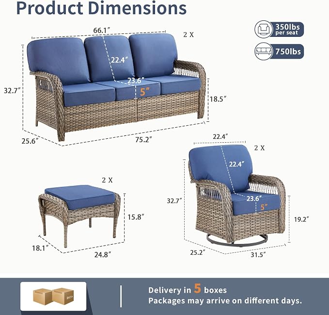 6 PCS Patio Furniture Set Outdoor Sectional Sofa Couch with Rocking Swivel Chairs 5" Deep Seat Chairs, 2 Sofa Sets Modern Wicker Rattan Conversation Set, Blue/Gray Wicker