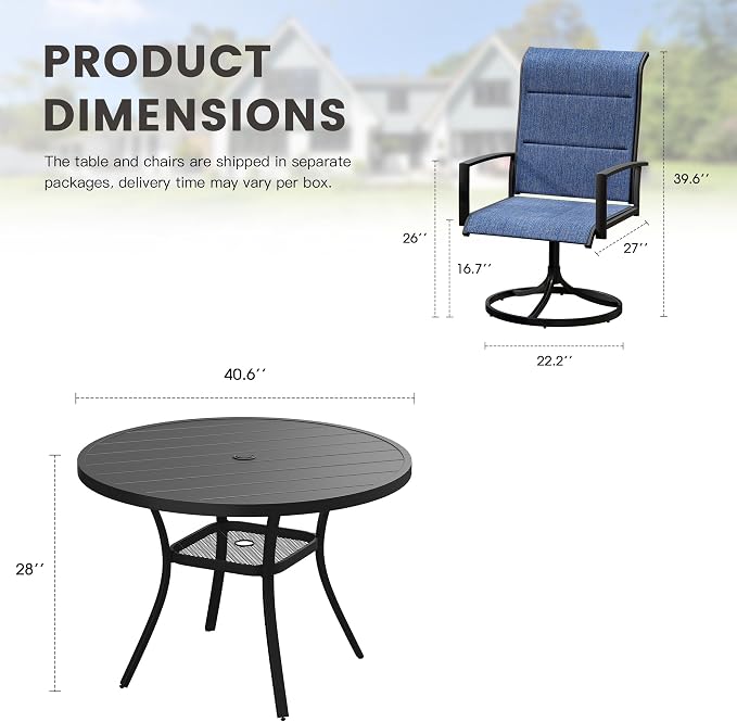 Outdoor Dining Set for 4, 40.6" Outdoor Dining Table with Umbrella Hole and Padded Textilene Patio Swivel Chairs, 5 Pieces Patio Table and Chairs Set for Garden Backyard, Dark Blue and Black