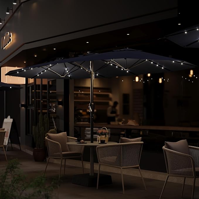 Garvee 15FT Rectangular Patio Umbrella with Solar Lights & Base Included - Large Patio Umbrella with Crank Handle 48 LED Lights, UV Protection for Outdoor Market, Backyard, Deck, Poolside, Navy Blue