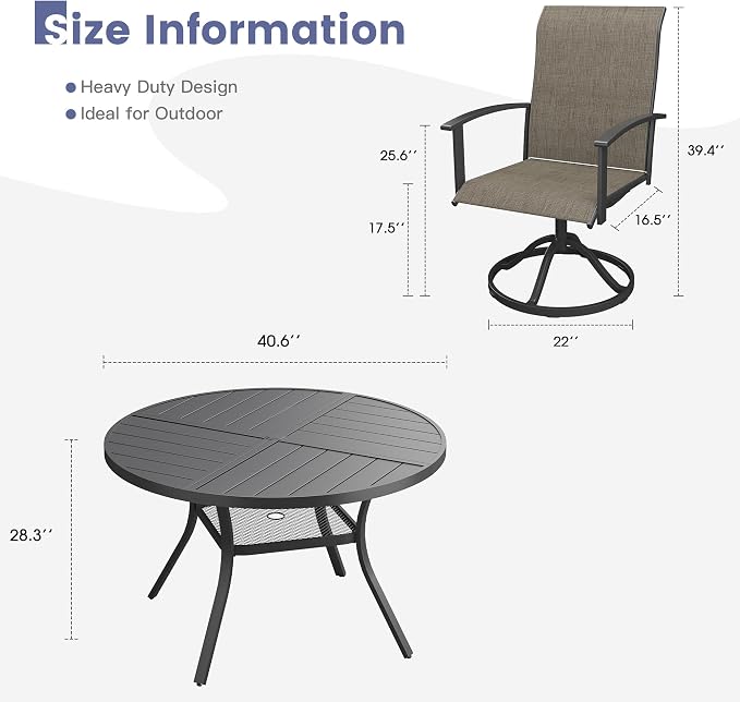 VICLLAX Outdoor Table and Chairs Set for 4, Patio Dining Set of 40.6" Metal Round Patio Table with Umbrella Hole & 4 Swivel Outdoor Dining Chairs for Backyard Lawn, CMixed Brown & Black