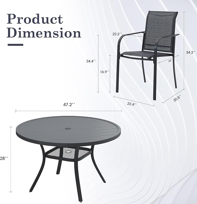 7 Pieces Outdoor Dining Set, Stackable Textilene Paito Chairs & 47.2" Round Dining Table with Umbrella Hole and Shelf, Patio Dining Set for Backyard, Deck, Garden, Grey & Dark Grey