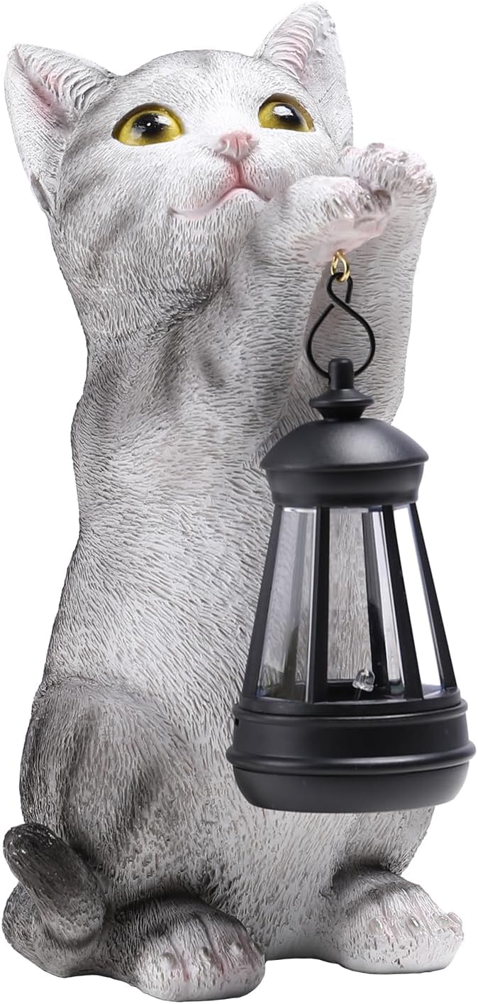 Cat Solar Lights Outdoor Garden, Cat Statue with Lantern for Cat Lover Gift | Cat Solar Lantern Garden Statue, Cat Fugurines Yard Art Lawn Ornaments Porch Patio Home Decor Gardening Gifts for Grandma Mom