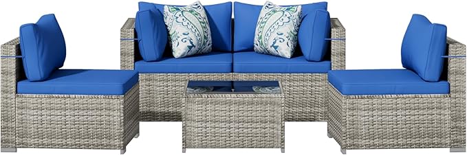 5 Piece Patio Furniture Set, Outdoor Wicker Patio Sofa Set, PE Rattan Sectional Couch with Glass Table and Blue Cushions, All-Weather 5 Piece Outdoor Patio Furniture Sets, Grey