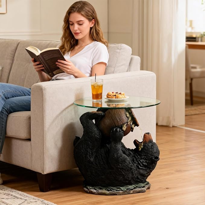 Honey-Drinking Bear Side Table with Waterfall 2-in-1 Resin Sculpture End Table Round Glass Top Indoor Outdoor for Patio, Garden, Living Room